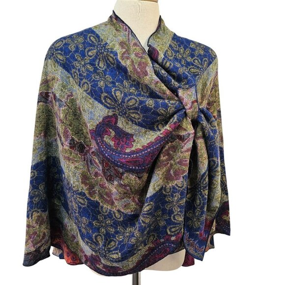 Cashmere Reversible Wrap Shawl Hands-Free Shoulder Loop Blue/Green + Purple/Cora - Picture 3 of 10